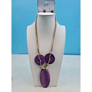 Superstar Purple Wood Bead Gold Tone Mesh Chain Statement Necklace & Earring Set